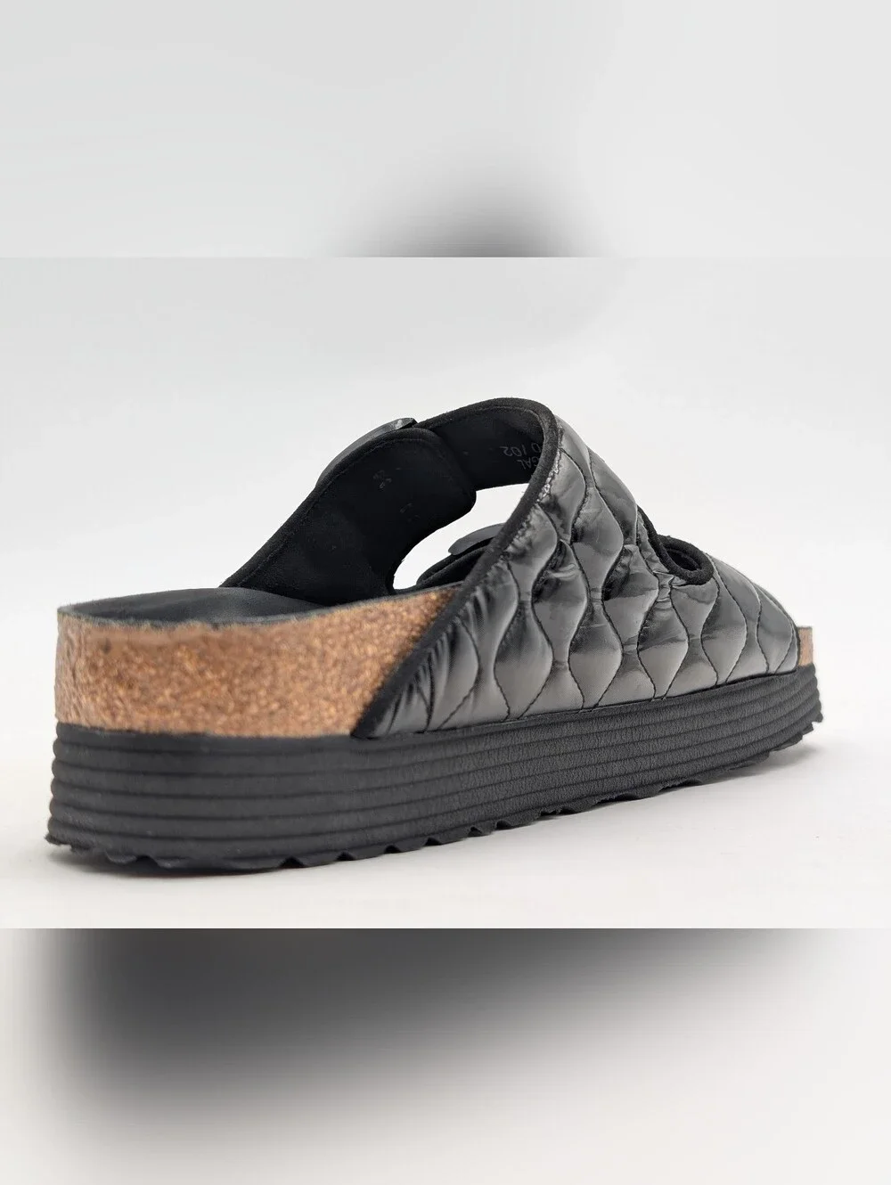 Papillio by Birkenstock Sz 7-7.5 Arizona Platform Padded Blk Patent-Like Sandals